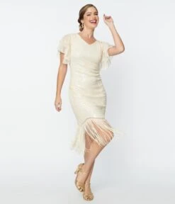 Unique Vintage 1920s Cream Sequin Flutter Sleeve Flapper Dress -New Dress Store unique vintage 1920s cream sequin flutter sleeve flapper dress 702772