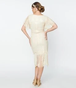 Unique Vintage 1920s Cream Sequin Flutter Sleeve Flapper Dress -New Dress Store unique vintage 1920s cream sequin flutter sleeve flapper dress 954564