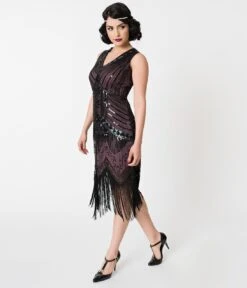 Unique Vintage 1920s Deco Purple & Black Sequin Veronique Fringe Flapper Dress -New Dress Store unique vintage 1920s deco purple black sequin veronique fringe flapper dress 661997
