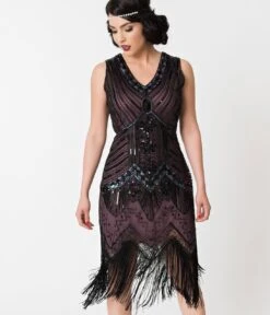 Unique Vintage 1920s Deco Purple & Black Sequin Veronique Fringe Flapper Dress -New Dress Store unique vintage 1920s deco purple black sequin veronique fringe flapper dress 718687