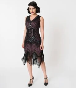 Unique Vintage 1920s Deco Purple & Black Sequin Veronique Fringe Flapper Dress -New Dress Store unique vintage 1920s deco purple black sequin veronique fringe flapper dress 750176