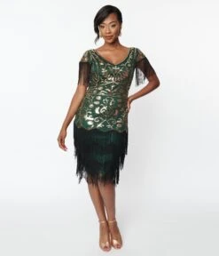 Unique Vintage 1920s Emerald & Gold Sequin Fringe Flapper Dress -New Dress Store unique vintage 1920s emerald gold sequin fringe flapper dress 153848
