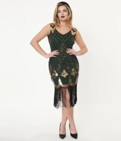 Unique Vintage 1920s Emerald & Gold Sequin Lina Flapper Dress -New Dress Store unique vintage 1920s emerald gold sequin lina flapper dress 711986