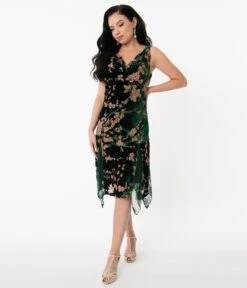 Unique Vintage 1920s Emerald Velvet Floral Burnout Hemingway Flapper Dress -New Dress Store unique vintage 1920s emerald velvet floral burnout hemingway flapper dress 998358