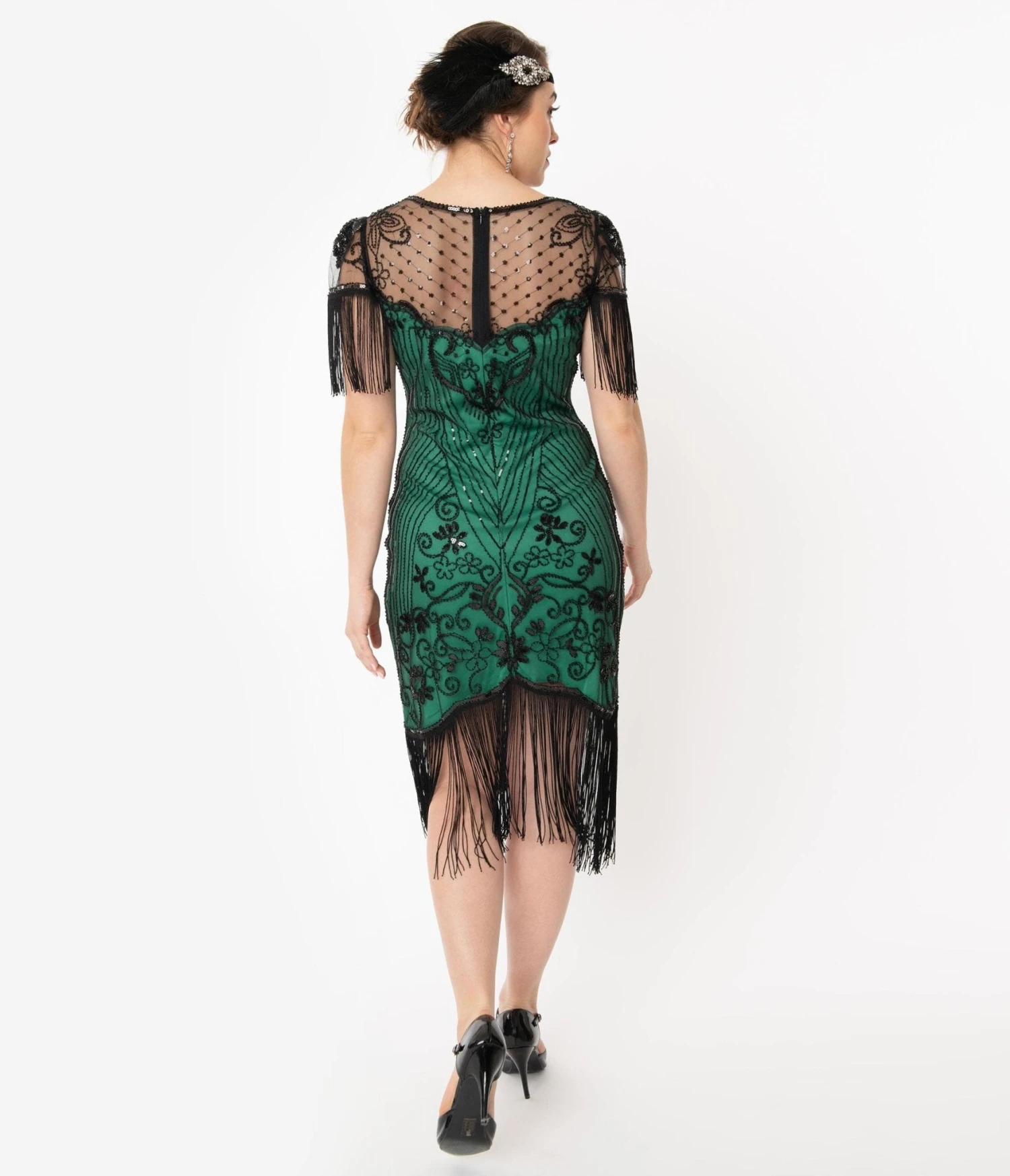 Unique Vintage 1920s Green & Black Beaded Nadine Flapper Dress 2 Unique Vintage 1920s Green & Black Beaded Nadine Flapper Dress - Image 2