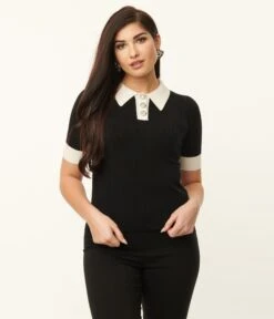 Unique Vintage 1950s Black & White Collar Prim & Pretty Sweater -New Dress Store unique vintage 1950s black white collar prim pretty sweater 427910