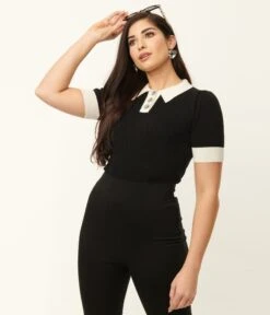 Unique Vintage 1950s Black & White Collar Prim & Pretty Sweater -New Dress Store unique vintage 1950s black white collar prim pretty sweater 796370