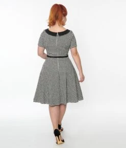 Unique Vintage 1950s Black & White Houndstooth Collared Swing Dress -New Dress Store unique vintage 1950s black white houndstooth collared swing dress 106292