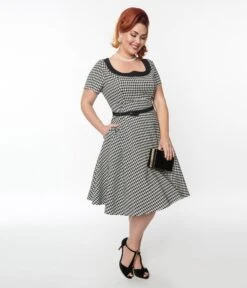 Unique Vintage 1950s Black & White Houndstooth Collared Swing Dress -New Dress Store unique vintage 1950s black white houndstooth collared swing dress 345535