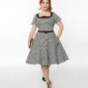 Unique Vintage 1950s Black & White Houndstooth Collared Swing Dress