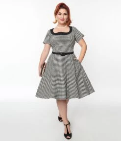 Unique Vintage 1950s Black & White Houndstooth Collared Swing Dress