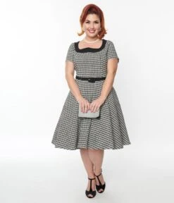 Unique Vintage 1950s Black & White Houndstooth Collared Swing Dress -New Dress Store unique vintage 1950s black white houndstooth collared swing dress 420024