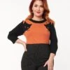 Unique Vintage 1950s Burnt Orange & Black Cat Sleeve Minou Sweater