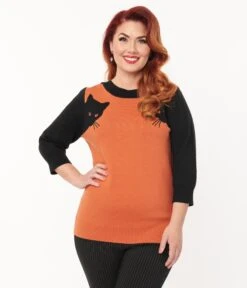 Unique Vintage 1950s Burnt Orange & Black Cat Sleeve Minou Sweater -New Dress Store unique vintage 1950s burnt orange black cat sleeve minou sweater 401106