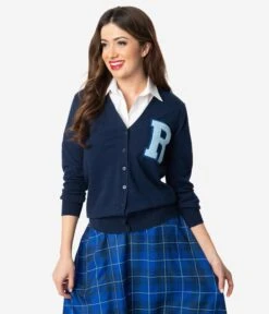 Unique Vintage 1950s Navy & Light Blue Myrtle Letterman Cardigan 7 Unique Vintage 1950s Navy & Light Blue Myrtle Letterman Cardigan -New Dress Store unique vintage 1950s navy light blue myrtle letterman cardigan 620817