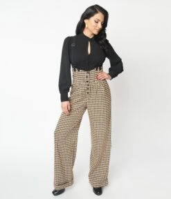 Unique Vintage Black & Beige Plaid Thelma Suspender Pants -New Dress Store unique vintage black beige plaid thelma suspender pants 179537