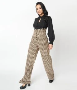 Unique Vintage Black & Beige Plaid Thelma Suspender Pants -New Dress Store unique vintage black beige plaid thelma suspender pants 761637
