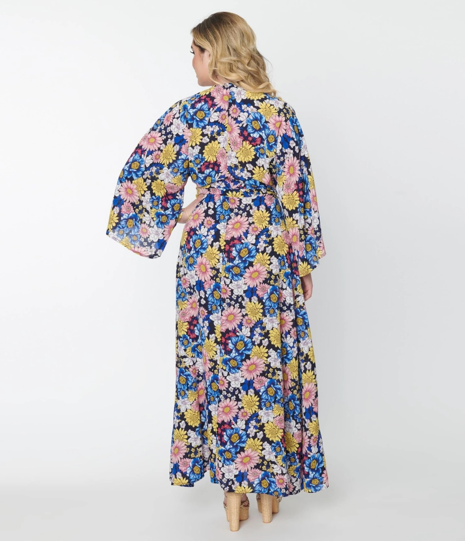 Unique Vintage Black & Blue Floral Wrap Maxi Dress 3 Unique Vintage Black & Blue Floral Wrap Maxi Dress - Image 3