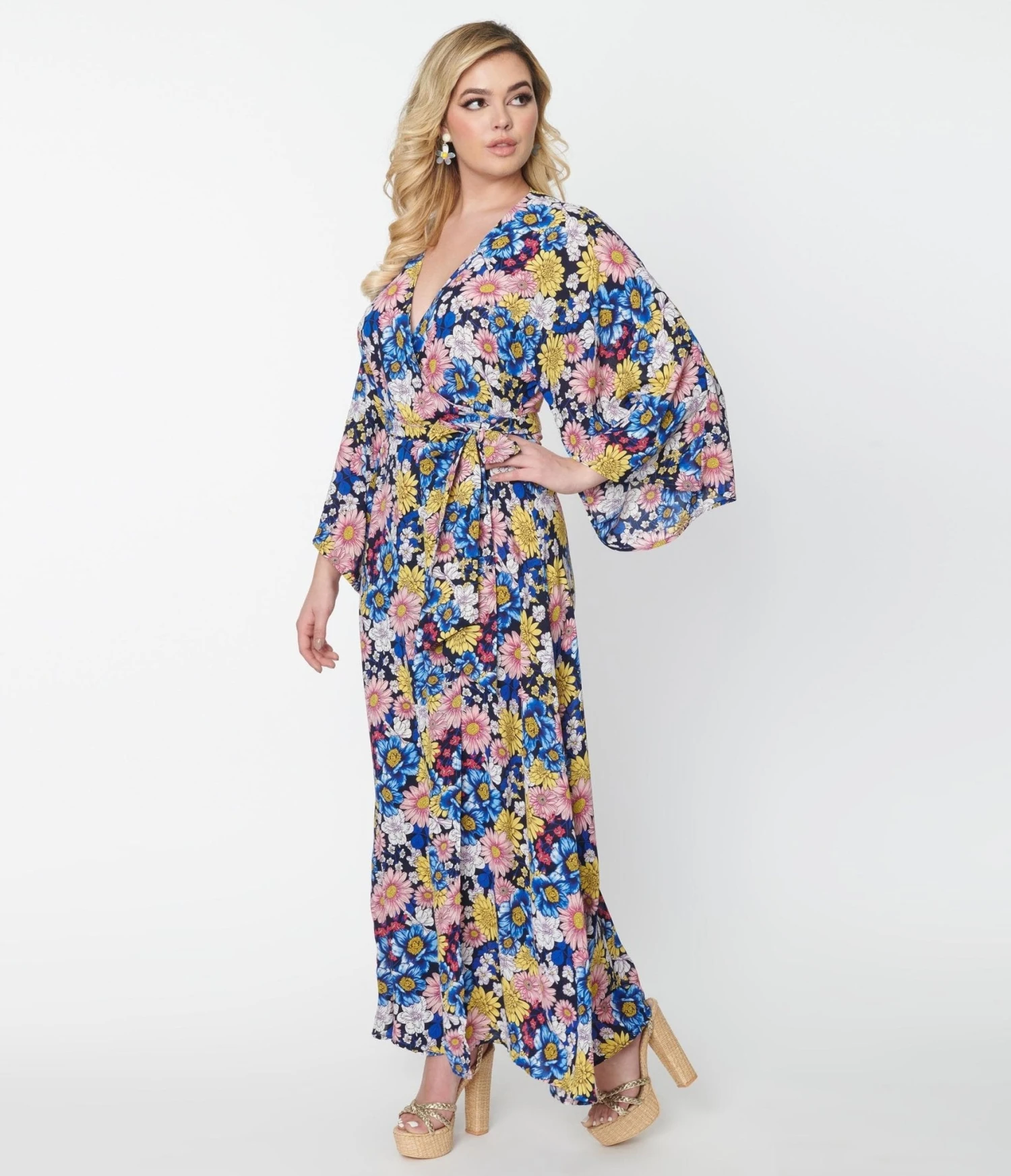 Unique Vintage Black & Blue Floral Wrap Maxi Dress 1 Unique Vintage Black & Blue Floral Wrap Maxi Dress