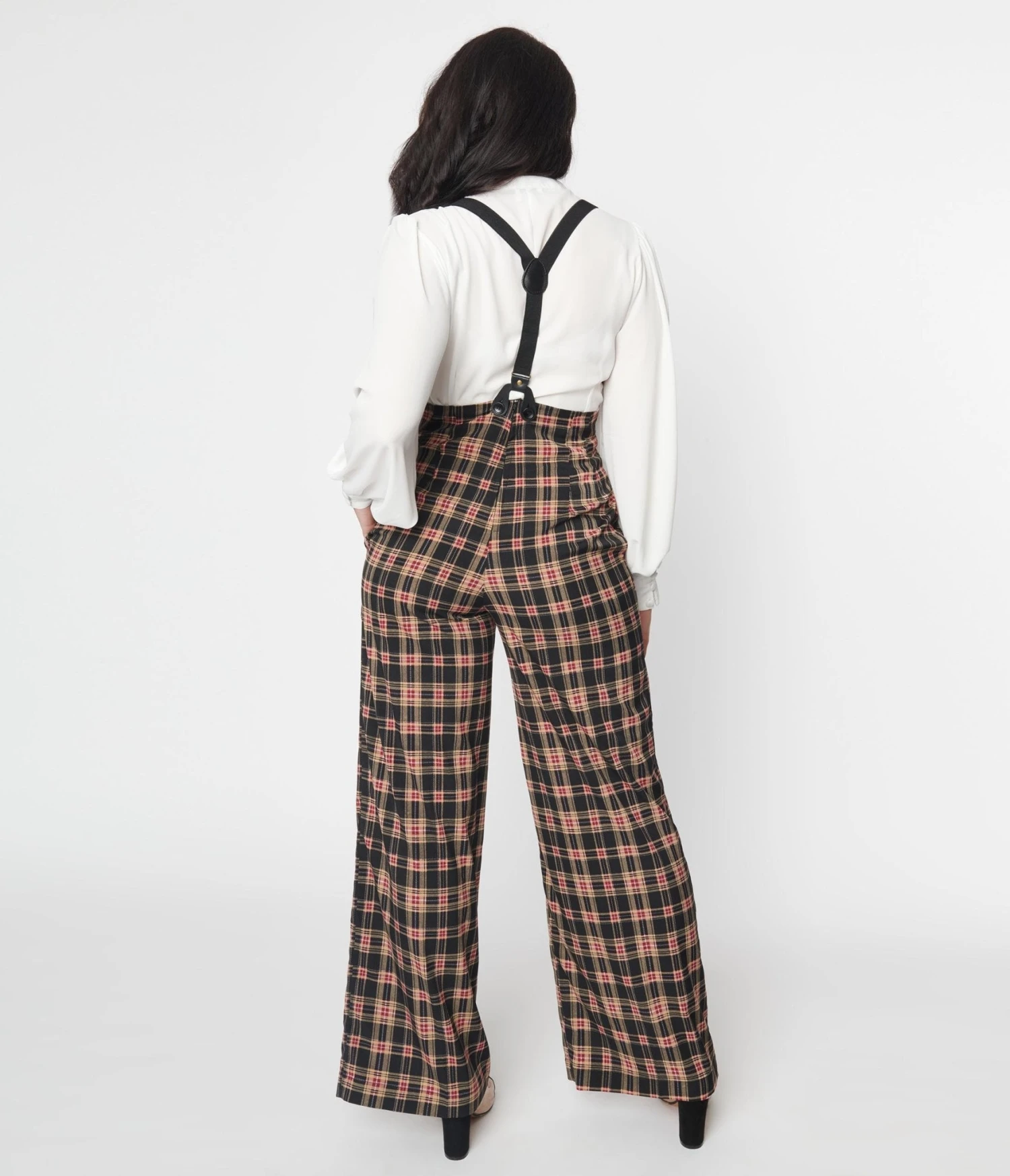 Unique Vintage Black & Burgundy Plaid High Waist Suspender Pants 2 Unique Vintage Black & Burgundy Plaid High Waist Suspender Pants - Image 2