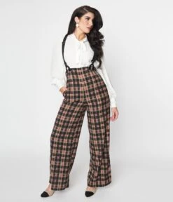 Unique Vintage Black & Burgundy Plaid High Waist Suspender Pants