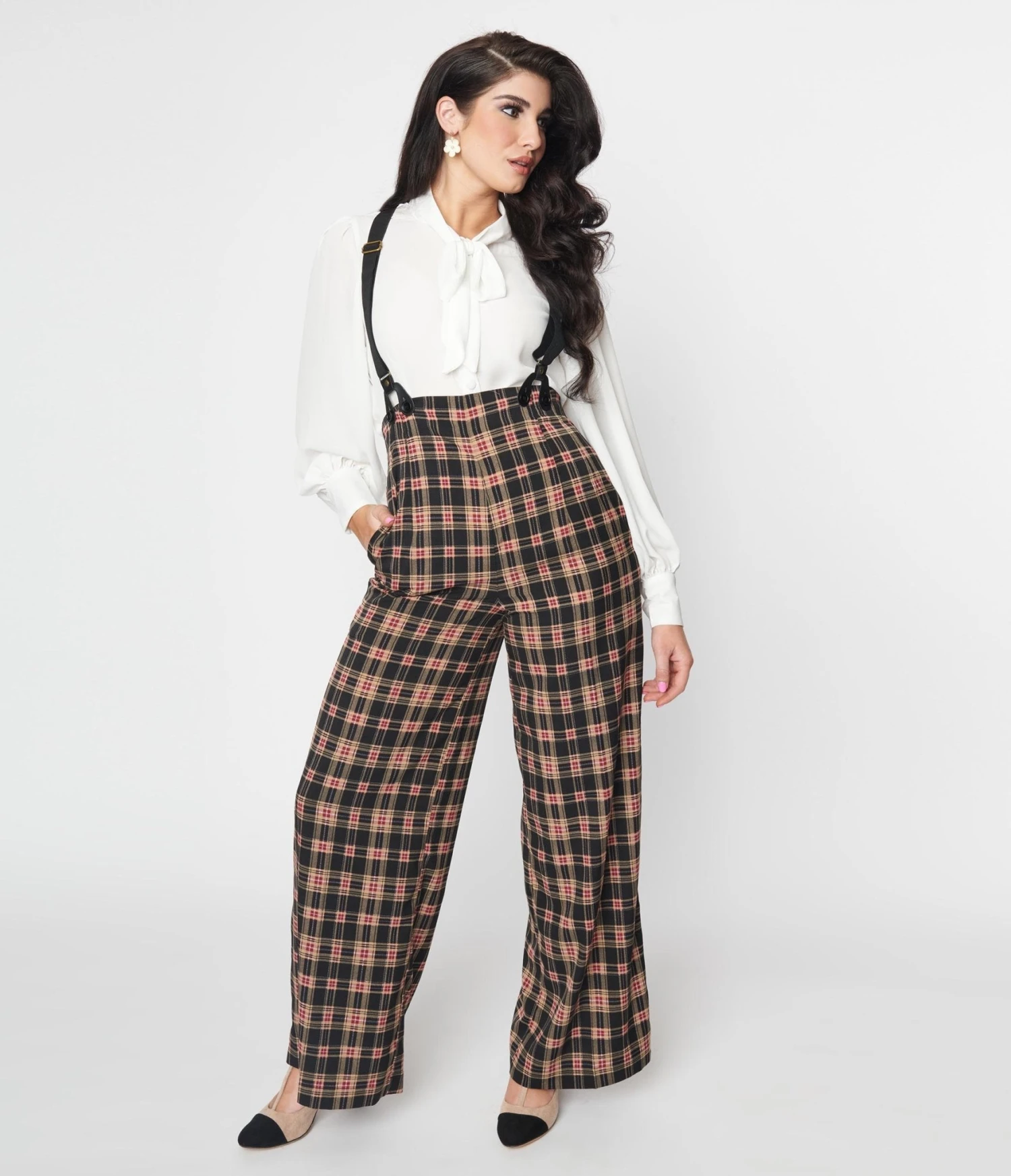 Unique Vintage Black & Burgundy Plaid High Waist Suspender Pants 1 Unique Vintage Black & Burgundy Plaid High Waist Suspender Pants