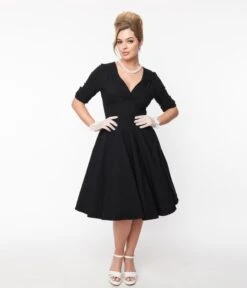 Unique Vintage Black Delores Swing Dress With Sleeves