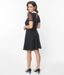 Unique Vintage Black Dot Mesh Collared Fit & Flare Dress -New Dress Store unique vintage black dot mesh collared fit flare dress 764037