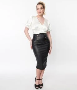 Unique Vintage Black Faux Leather Sailor Sierra Pencil Skirt