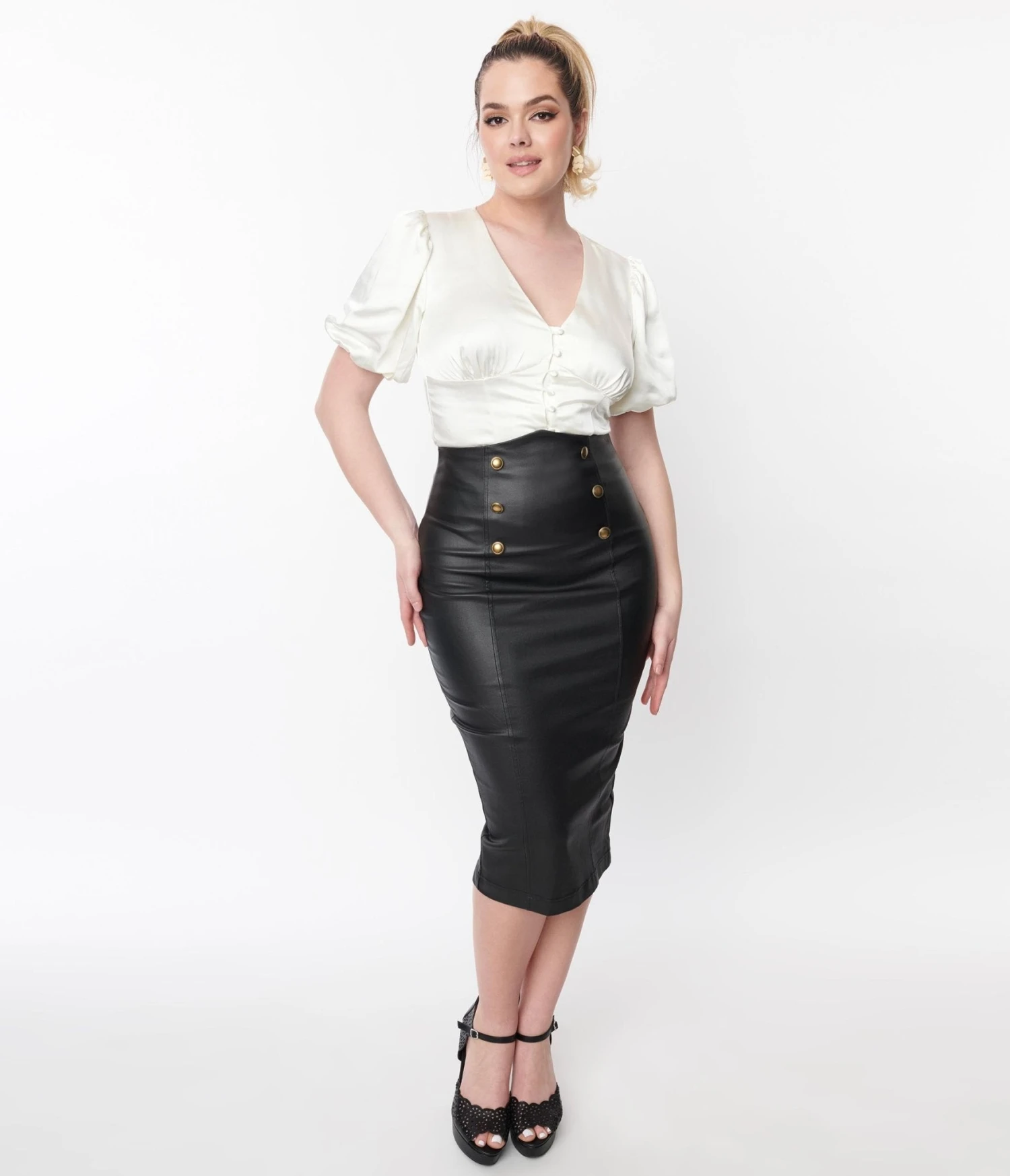 Unique Vintage Black Faux Leather Sailor Sierra Pencil Skirt 1 Unique Vintage Black Faux Leather Sailor Sierra Pencil Skirt