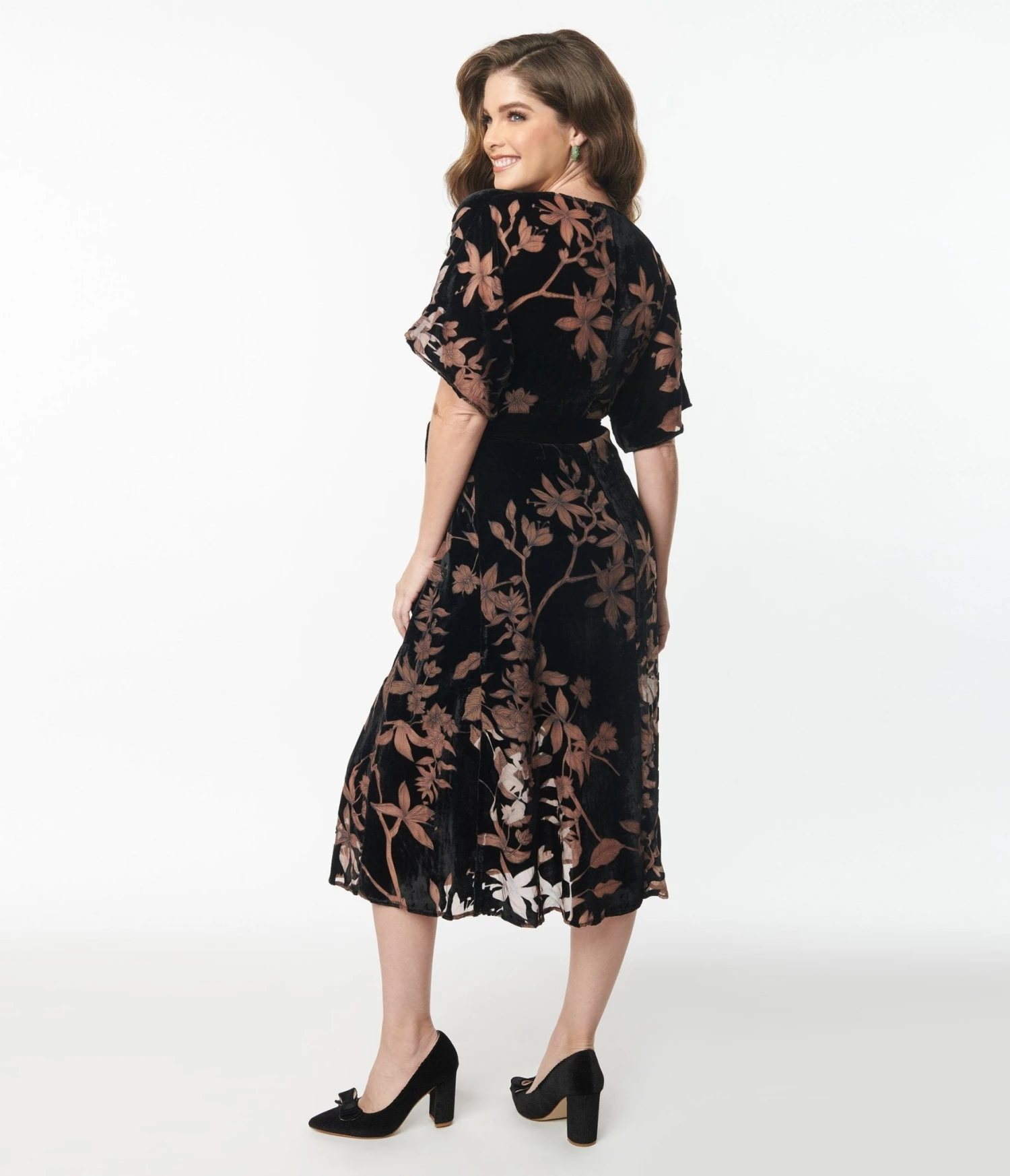 Unique Vintage Black Floral Velvet Wrap Midi Dress 3 Unique Vintage Black Floral Velvet Wrap Midi Dress - Image 3