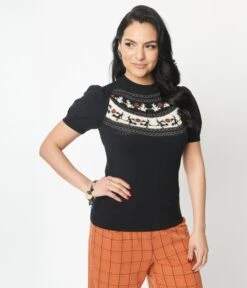 Unique Vintage Black Halloween Fair Isle Paige Sweater -New Dress Store unique vintage black halloween fair isle paige sweater 753716