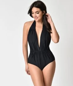 Unique Vintage Black Halter Shirred Derek One Piece Swimsuit 8 Unique Vintage Black Halter Shirred Derek One Piece Swimsuit -New Dress Store unique vintage black halter shirred derek one piece swimsuit 123205