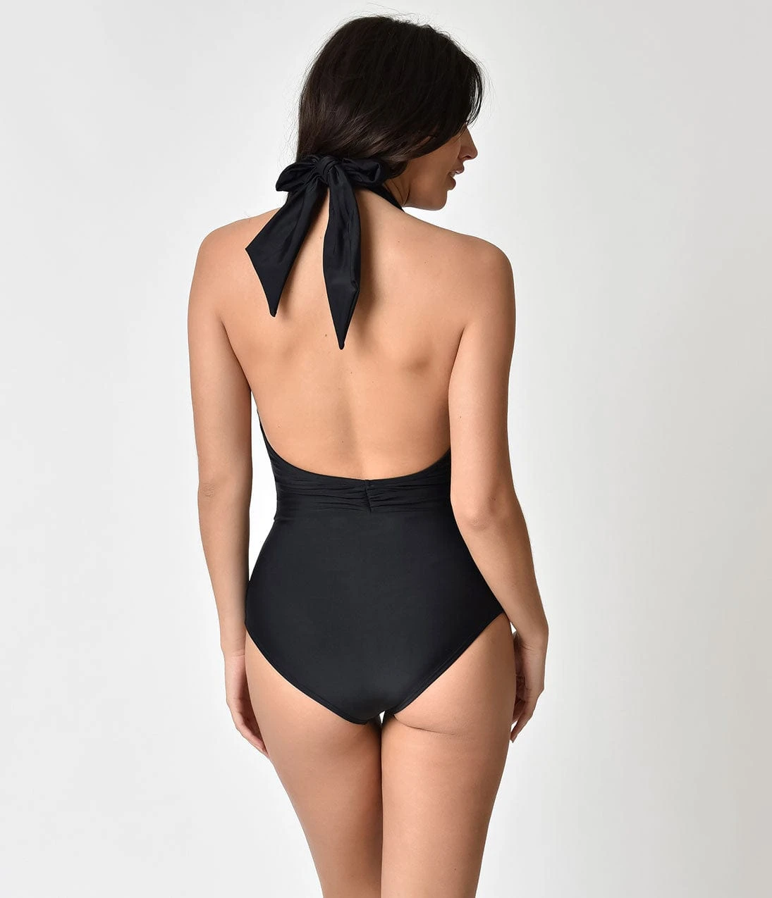Unique Vintage Black Halter Shirred Derek One Piece Swimsuit 2 Unique Vintage Black Halter Shirred Derek One Piece Swimsuit - Image 2