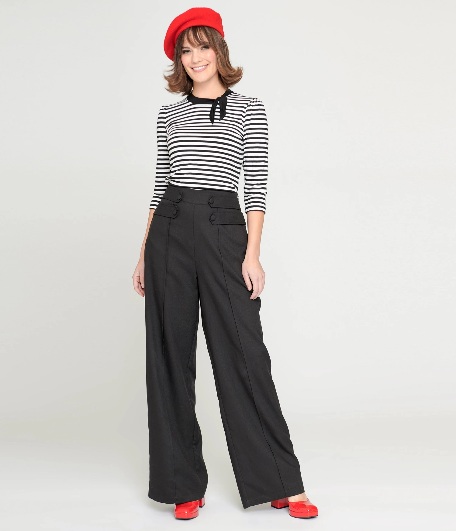 Unique Vintage Black High Waist Wide Leg Tab Pants 1 Unique Vintage Black High Waist Wide Leg Tab Pants
