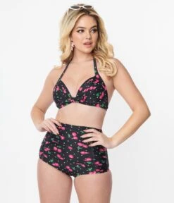 Unique Vintage Black & Hot Pink Cherry Pin Dot Monroe Swim Top -New Dress Store unique vintage black hot pink cherry pin dot monroe swim top 382020