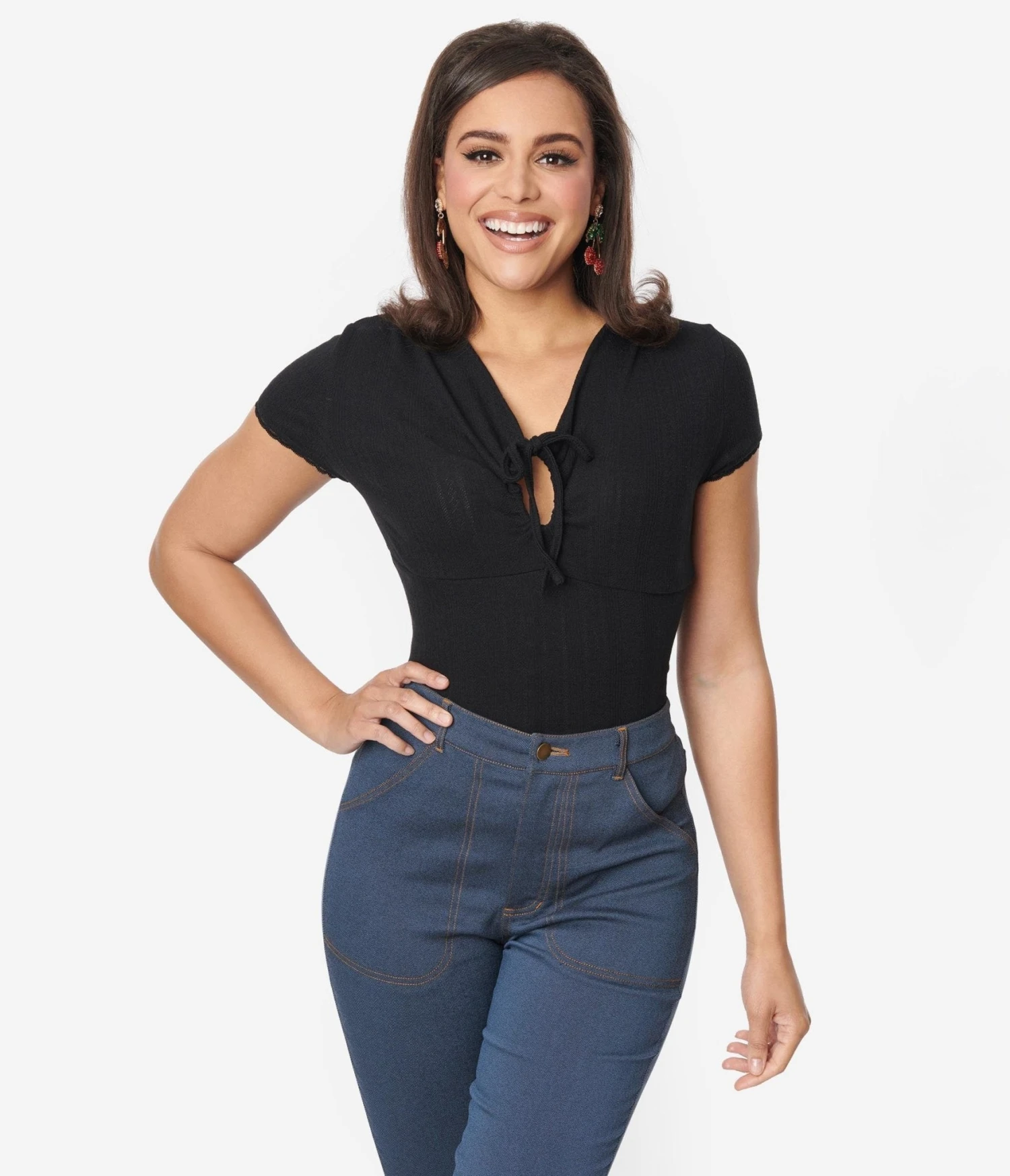 Unique Vintage Black Keyhole Pointelle Knit Top 1 Unique Vintage Black Keyhole Pointelle Knit Top