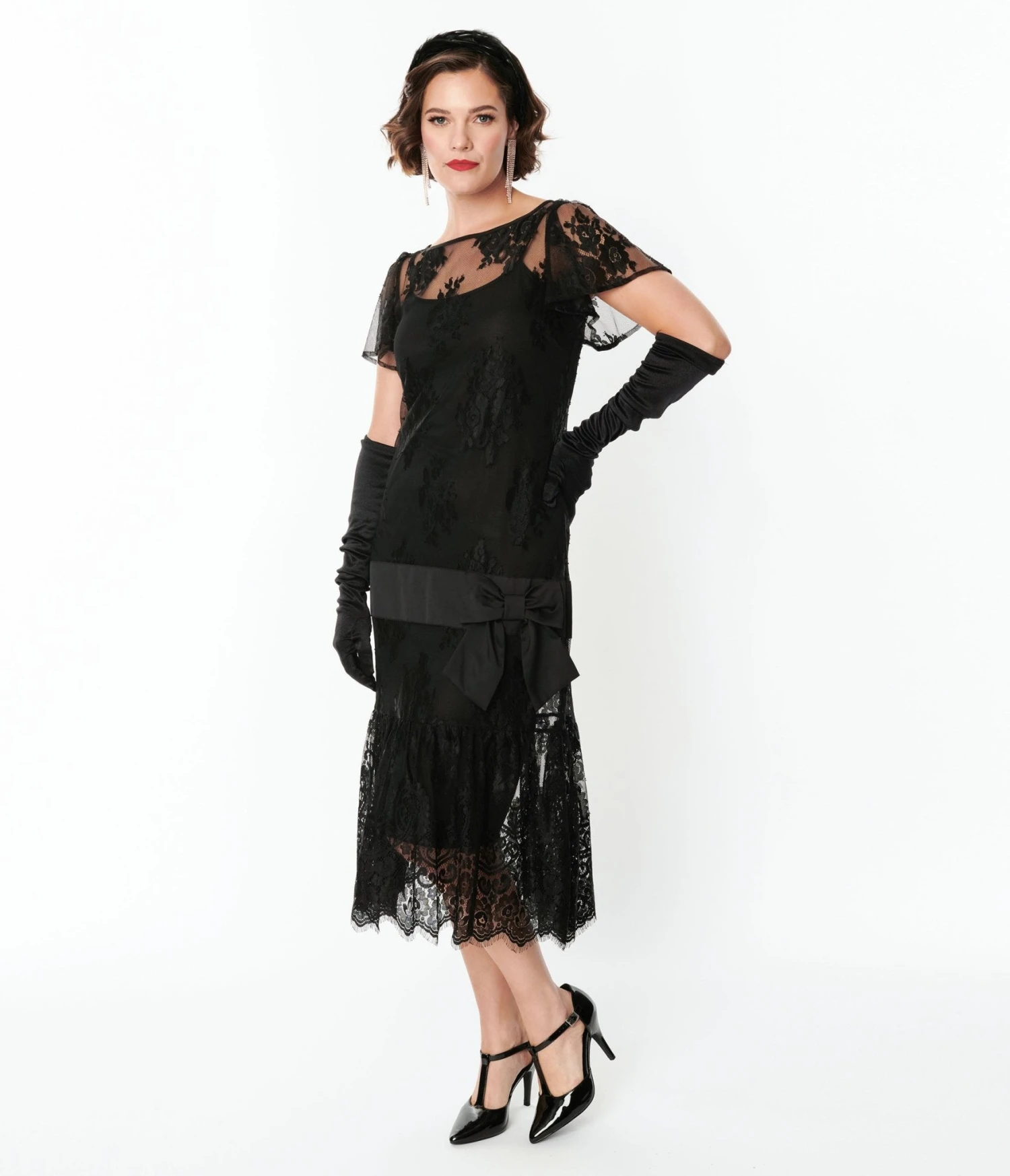 Unique Vintage Black Lace & Bow Flapper Dress 1 Unique Vintage Black Lace & Bow Flapper Dress