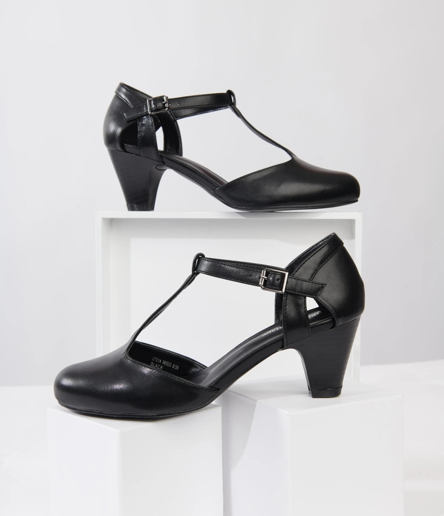 Unique Vintage Black Leatherette Closed Toe T-Strap Roxy Pumps 2 Unique Vintage Black Leatherette Closed Toe T-Strap Roxy Pumps - Image 2