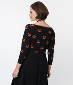 Unique Vintage Black & Orange Pumpkin Crop Cardigan -New Dress Store unique vintage black orange pumpkin crop cardigan 100102