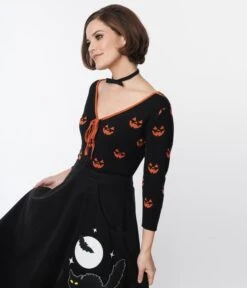 Unique Vintage Black & Orange Pumpkin Crop Cardigan -New Dress Store unique vintage black orange pumpkin crop cardigan 886284