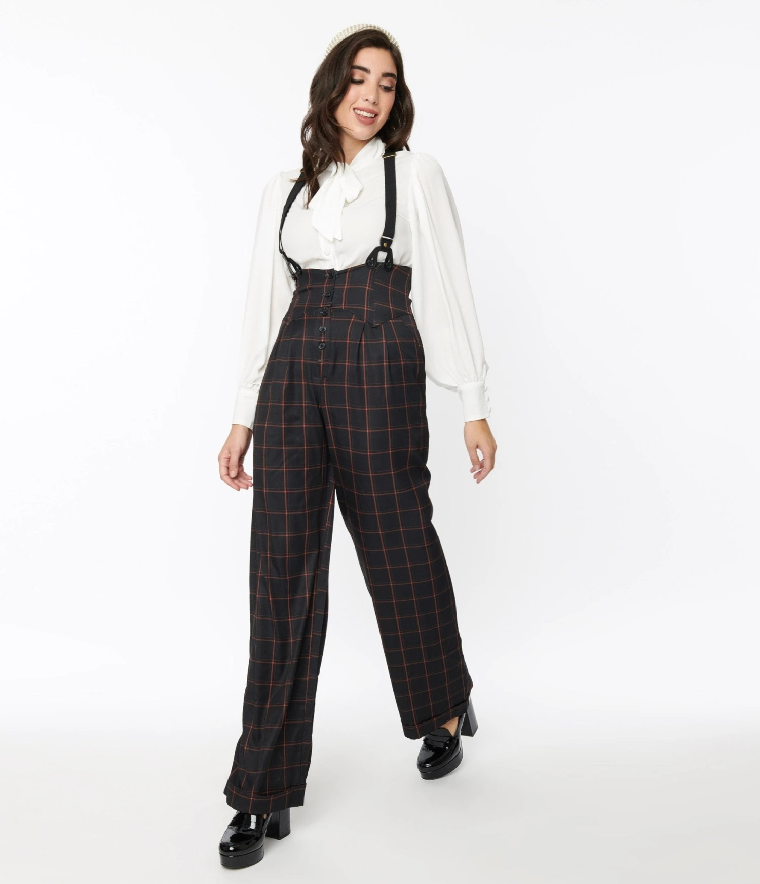 Unique Vintage Black & Orange Windowpane Thelma Suspender Pants 2 Unique Vintage Black & Orange Windowpane Thelma Suspender Pants - Image 2