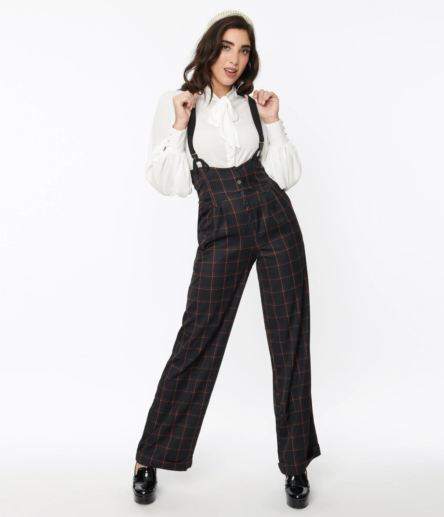 Unique Vintage Black & Orange Windowpane Thelma Suspender Pants 1 Unique Vintage Black & Orange Windowpane Thelma Suspender Pants