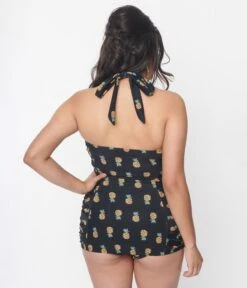 Unique Vintage Black & Pineapple Print Corinne Sheath Swimsuit -New Dress Store unique vintage black pineapple print corinne sheath swimsuit 221538