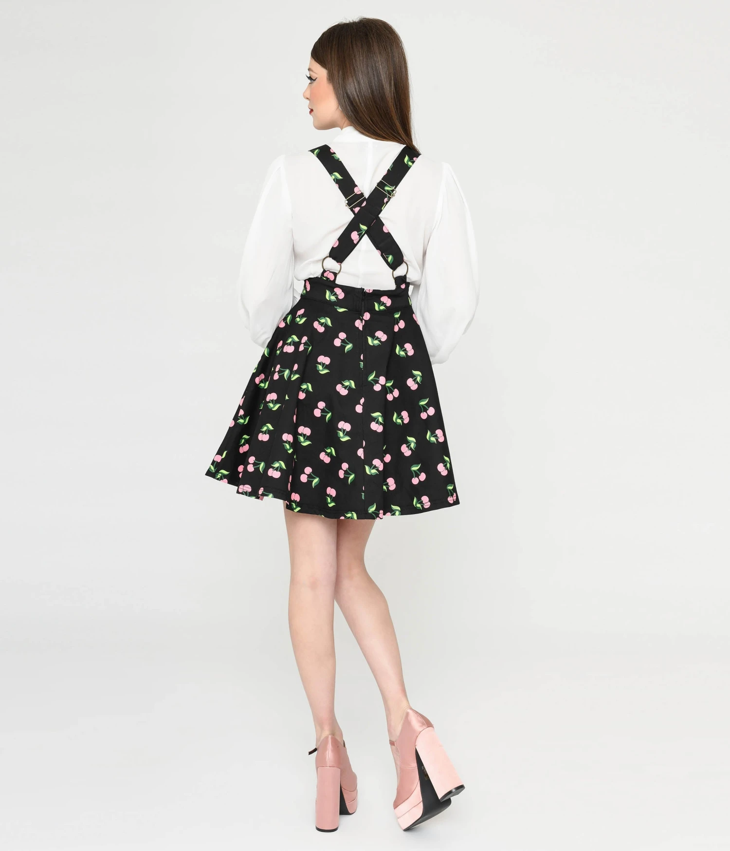 Unique Vintage Black & Pink Cherries Brionne Pinafore Skirt 3 Unique Vintage Black & Pink Cherries Brionne Pinafore Skirt - Image 3