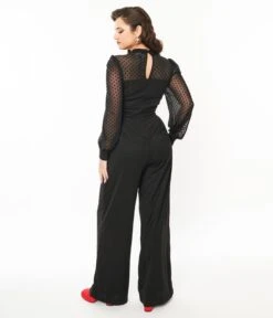 Unique Vintage Black & Polka Dot Long Sleeve Jumpsuit -New Dress Store unique vintage black polka dot long sleeve jumpsuit 571705