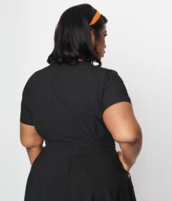 Unique Vintage Black & Pumpkin Button Varsity Crop Cardigan -New Dress Store unique vintage black pumpkin button varsity crop cardigan 776380