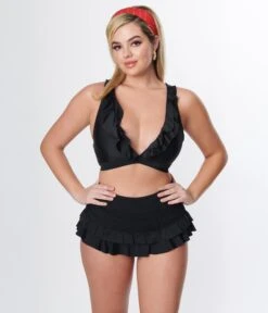 Unique Vintage Black Ruffle Halter Swim Top -New Dress Store unique vintage black ruffle halter swim top 332660