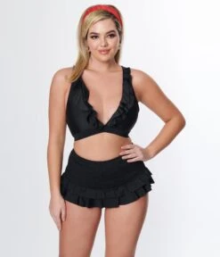 Unique Vintage Black Ruffle Halter Swim Top -New Dress Store unique vintage black ruffle halter swim top 513070