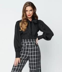Unique Vintage Black Satin Polka Dot Gwen Blouse